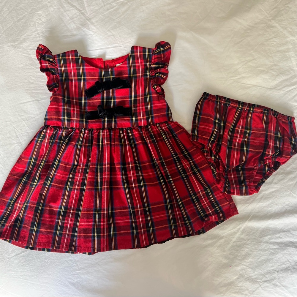 J. Crew Crewcuts Red Tartan Plaid Dress with Black Velvet Bows + Bloomers